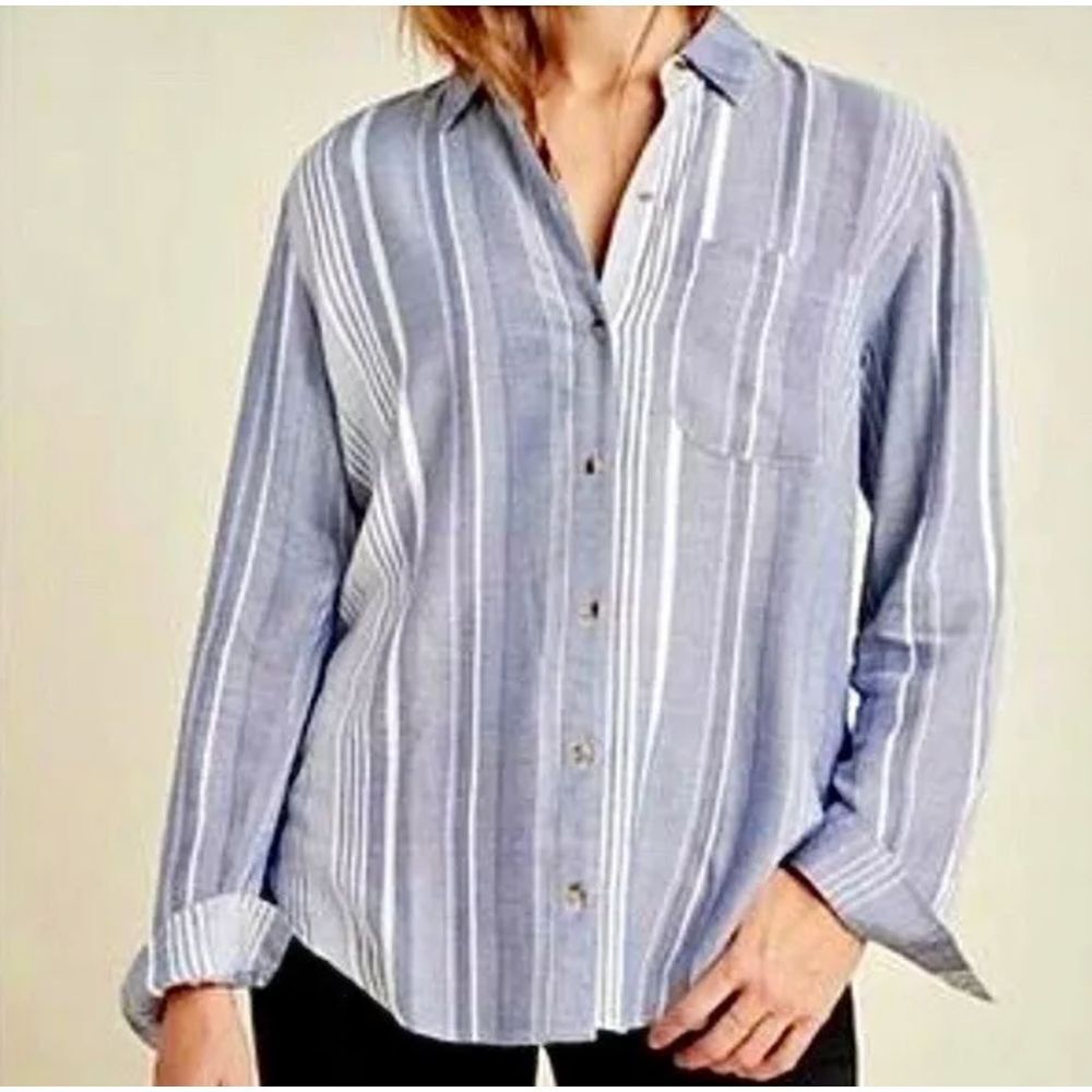 Anthropologie Maeve Chatham Chambray Top Small Button Blue Front Collar Stripe